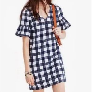 Madewell NWOT Dress Sz 4 Shift Mini Leighton Navy Plaid Short Sleeves Ruffle